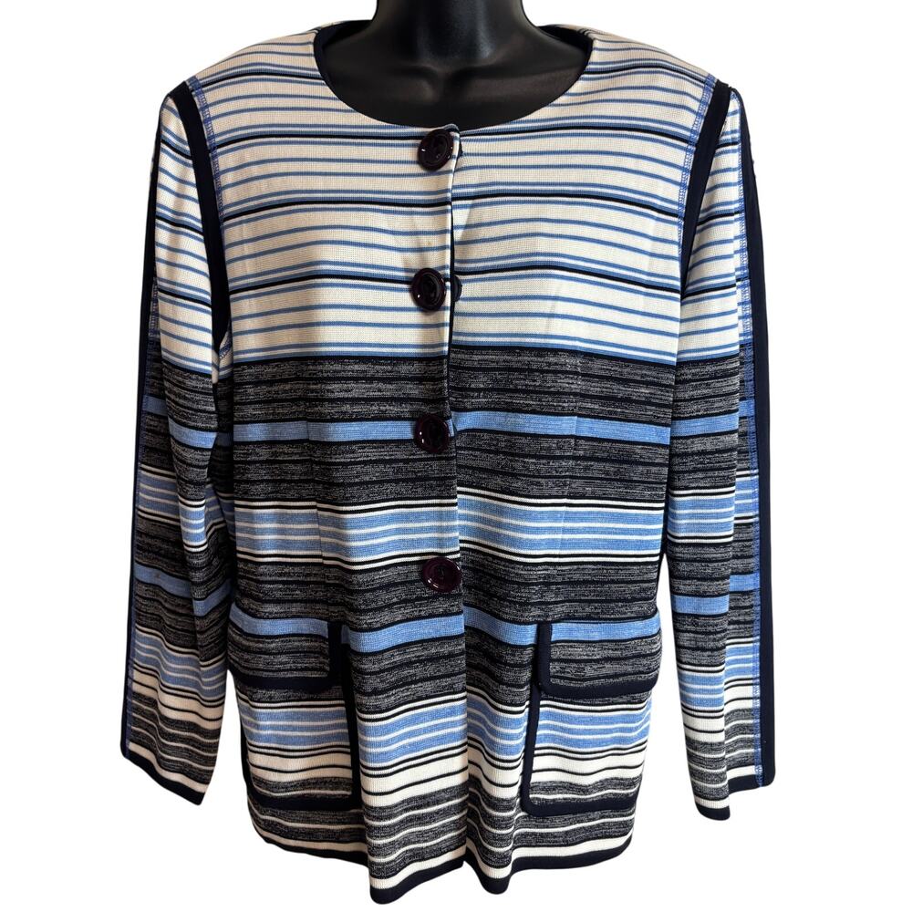 Misook Womens L Striped Knit Jacket Blue Black White Button Front Shoulder Pads